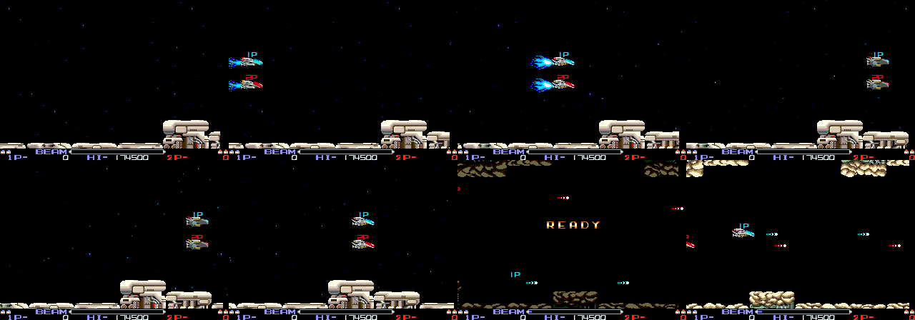 Two frames: both ships flying in with 1P and 2P tags on stage 1 and stage 3