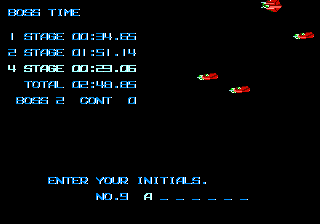 The run's panel: each stage's time, the total, bosses and continues, then the name entry