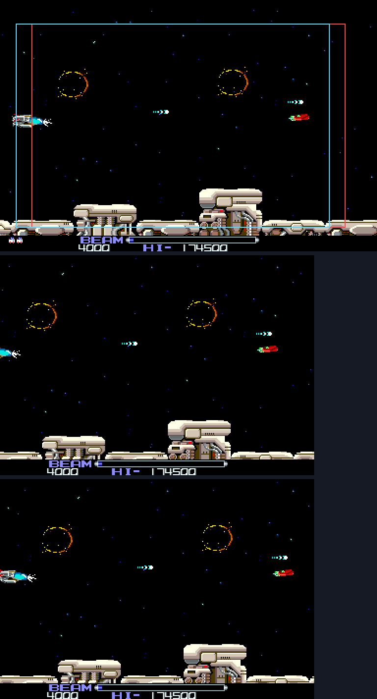 The arcade frame with two outlined windows, then the fixed window with the ship cut at the left edge, then the camera window with the ship whole