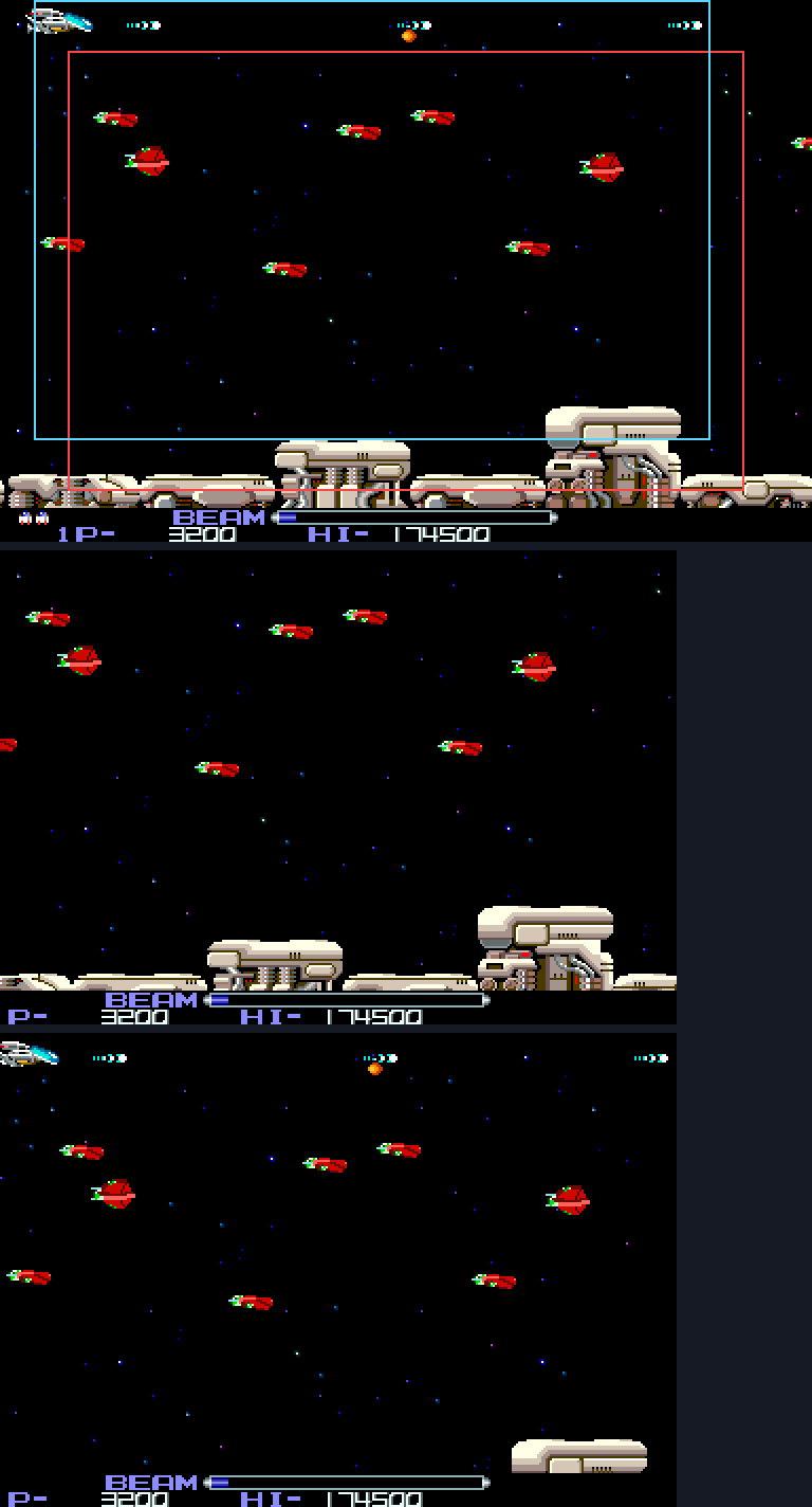 The same comparison with the ship at the top of the playfield, hidden by the fixed window and shown by the camera